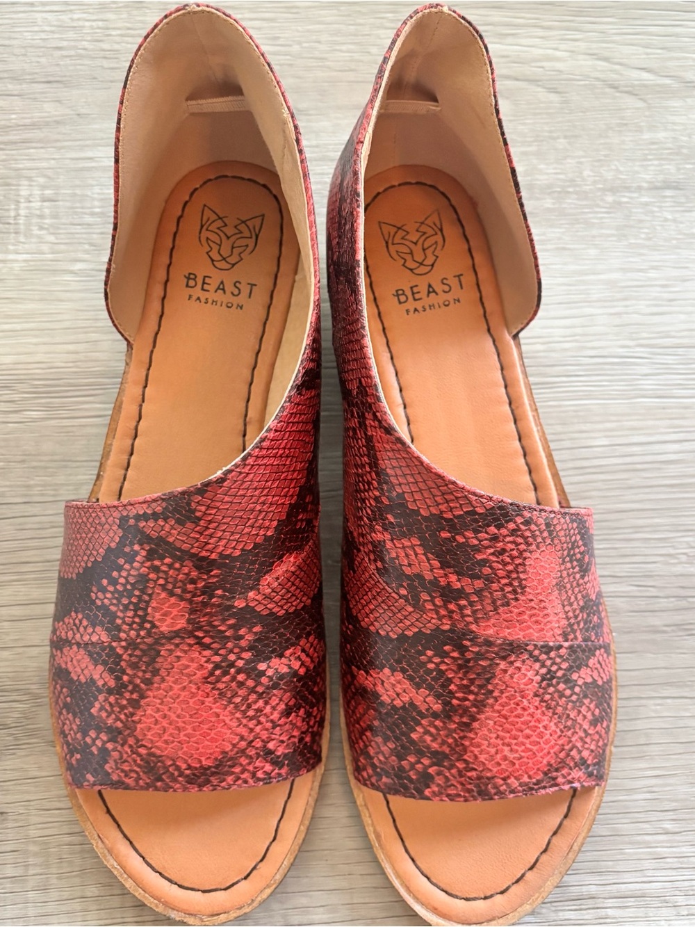 Beast pink and black snake print cut-out flat shoes featuring an open-toe size 8